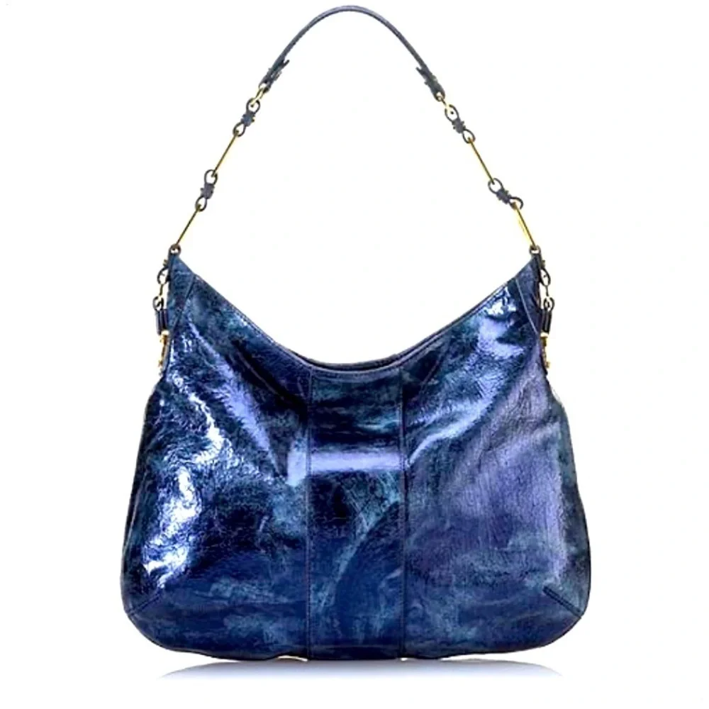 Tory Burch gold logo  metallic blue jew tone boho Nico tote $459 fall casual